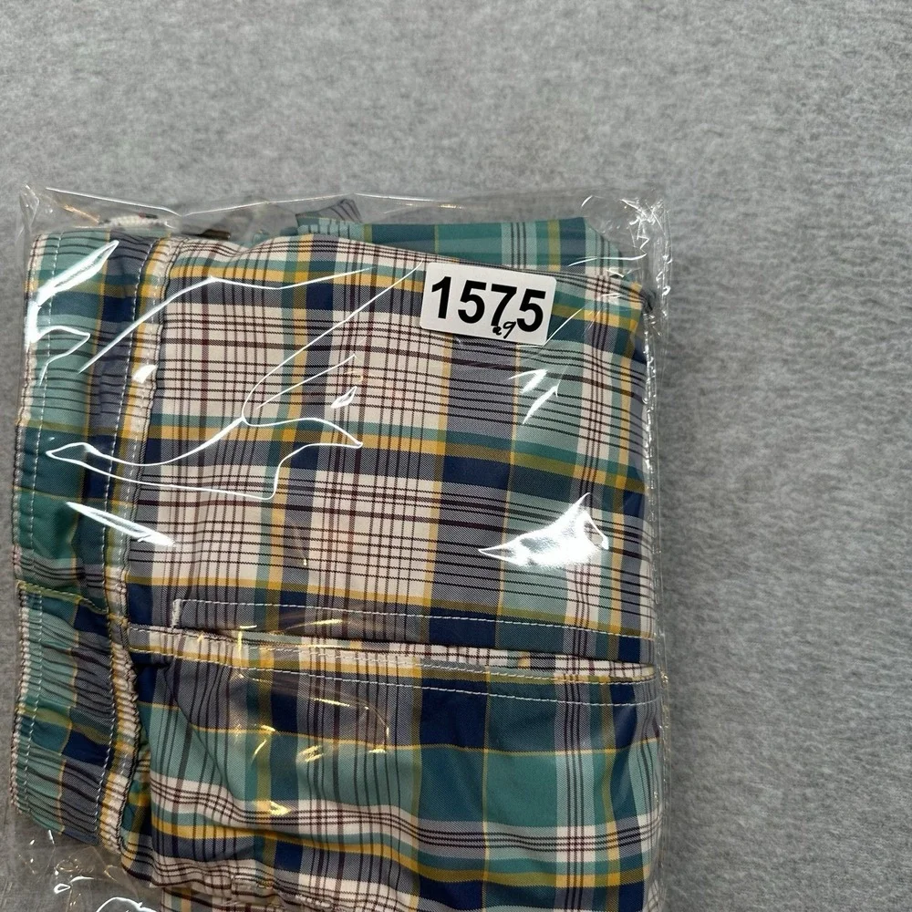 Lands End Swim Trunks Mens L Green Plaid Cargo Pockets Lined 8.5 in Inseam Board